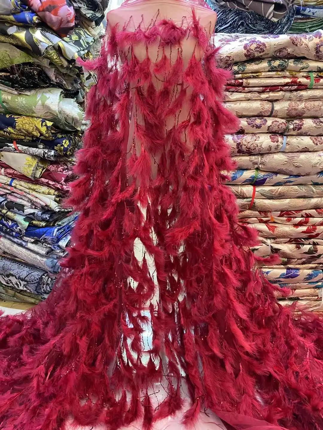 

Top quality Handmade Feathers Full Embroidery French Tulle Net African Sequin Lace Fabric For Evening Dresses Weddings Party