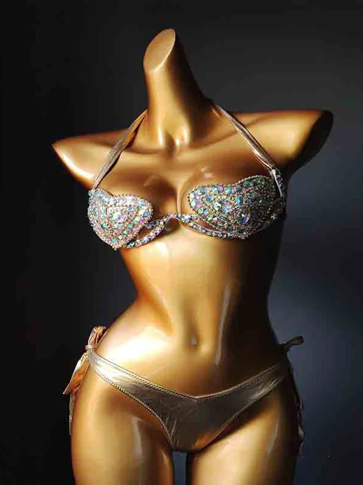 

2023 Summer Beach Glitter Rhinestone Women's Swimsuit Bikinis Sets Shiny Crystal Push Up Padded Bikini Bra Thong Set Swimsuits