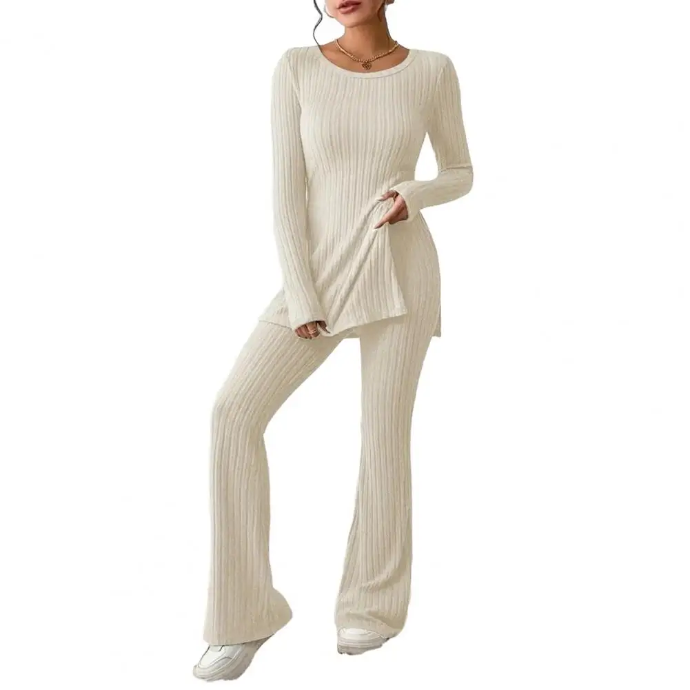 

Loose Fit Suit Stylish Women's Knitted Two-piece Suit with Long Sleeve Ribbed Slit Top High Waist Flared Trousers for Fall