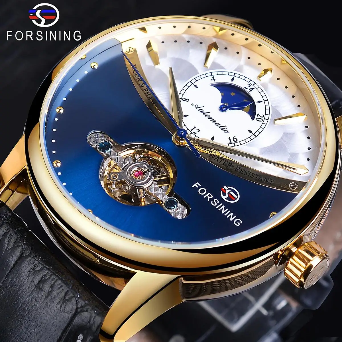 FORSINING Orologio da polso da uomo con tourbillon automatico, impermeabile, con calendario e cinturino in pelle marrone, Nero e marrone., casual