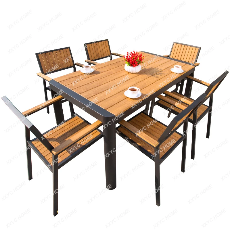 Outdoor Plastic Wood Table and Chair Courtyard Garden Leisure Antiseptic Wood Dining Tables and Chairs Set Outdoor Outdoor