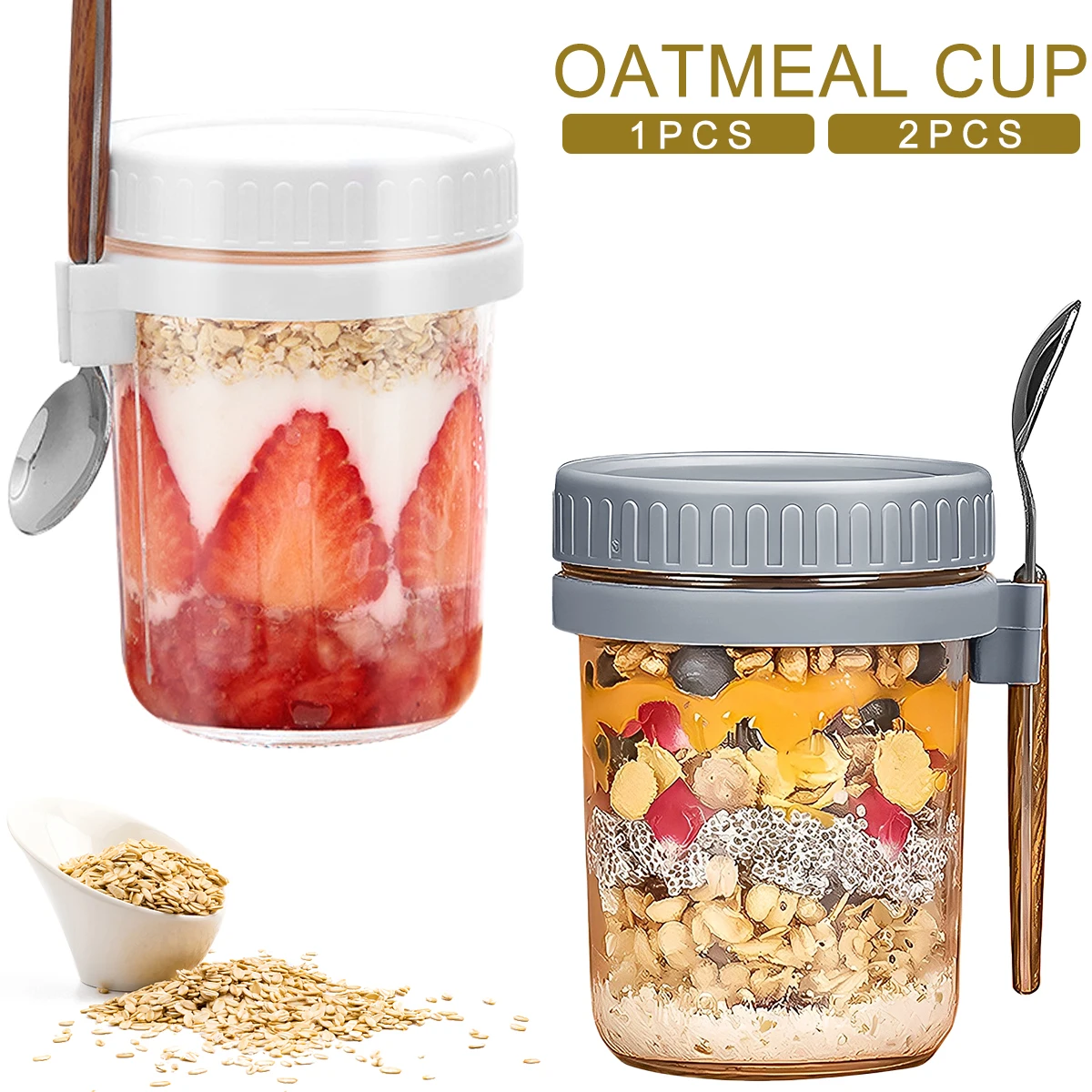 1/2Pcs Breakfast Cup Container 10oz Airtight Oatmeal Jar with Cover and Spoon Portable for Salads Cereal airtight oatmeal jar