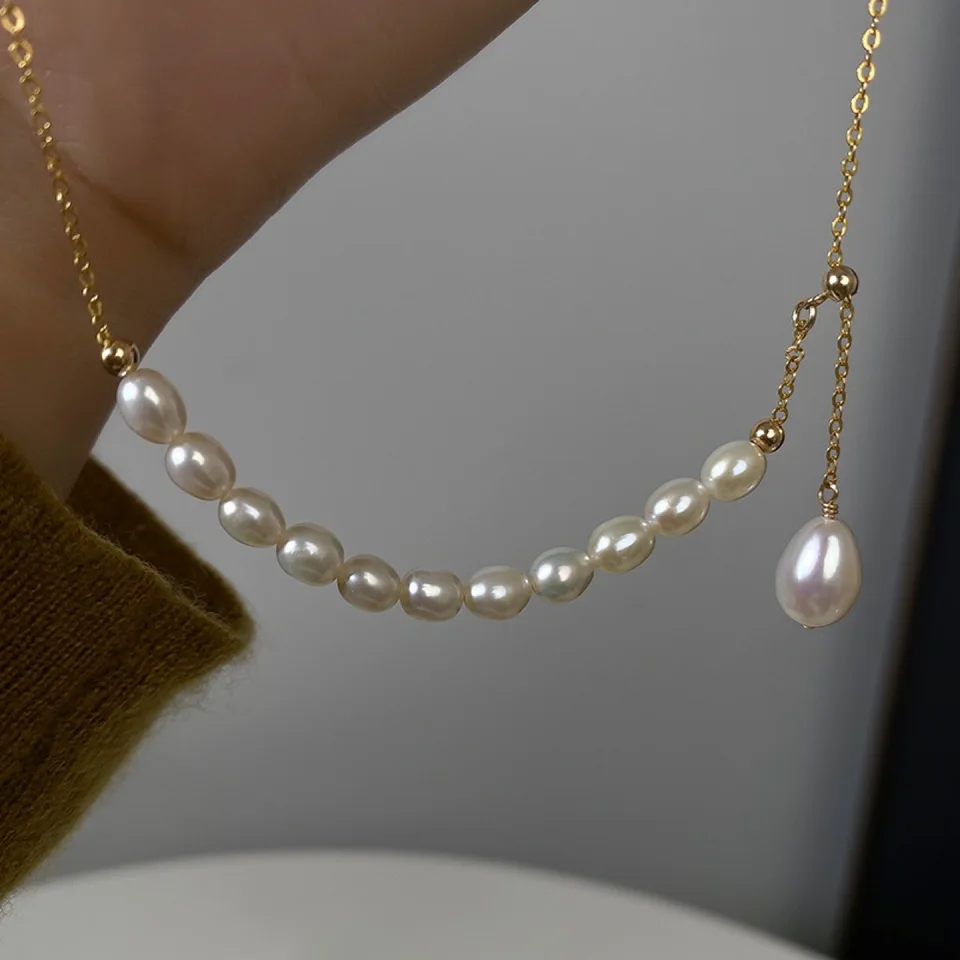 GD signs Catena Argento con perla d'acqua dolce da donna - Catena a maglie con perla a Y I Collana lunga con pendente di perla d'acqua dolce - Catena ad ancora