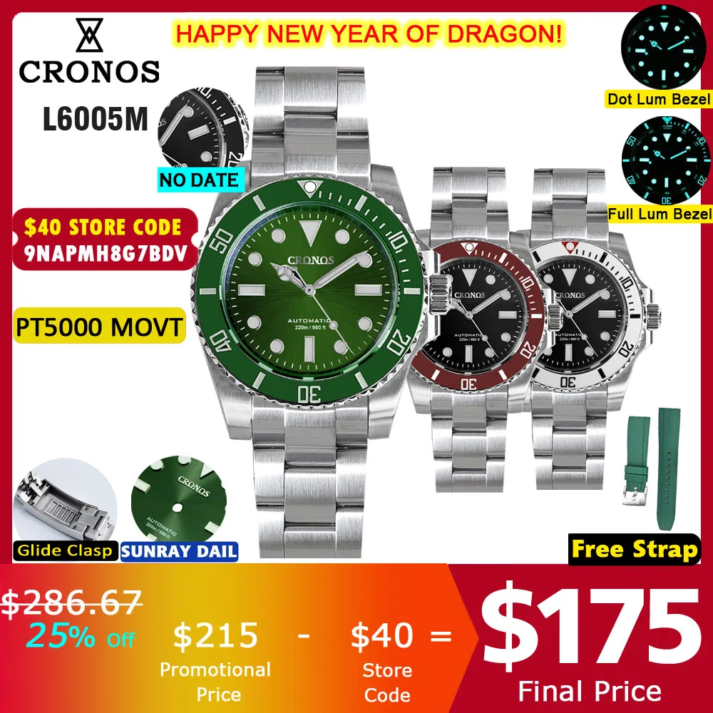 Cronos Sub Diver Orologio Da Uomo No Date Pt5000 Bracciale Spazzolato Lunetta In Ceramica 200 Metri Glideclasp Resistente All'Acqua