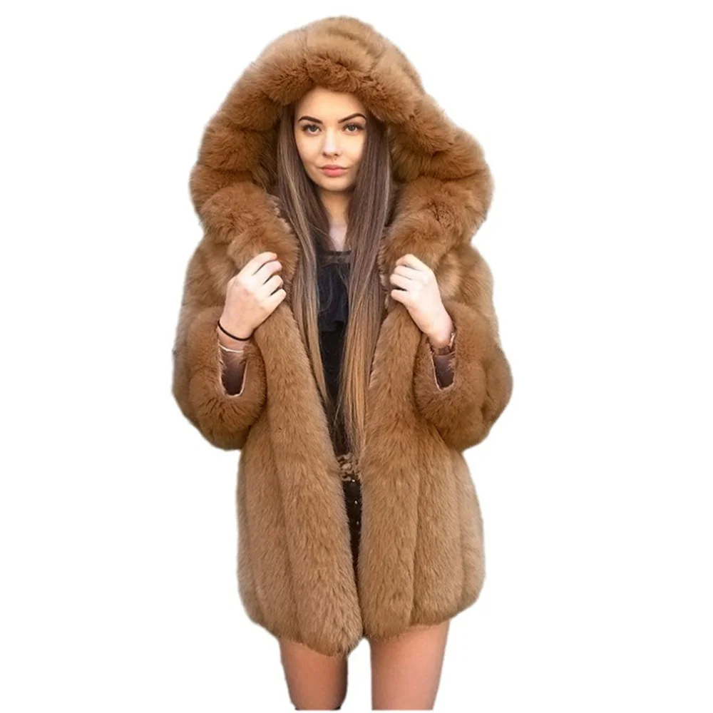 S-5XL Winter Warm Plush Coat Women Striped Faux Fox Fur Collar Cardigan Outstreet Wear Thick Long Sleeves Jacket With Hooded