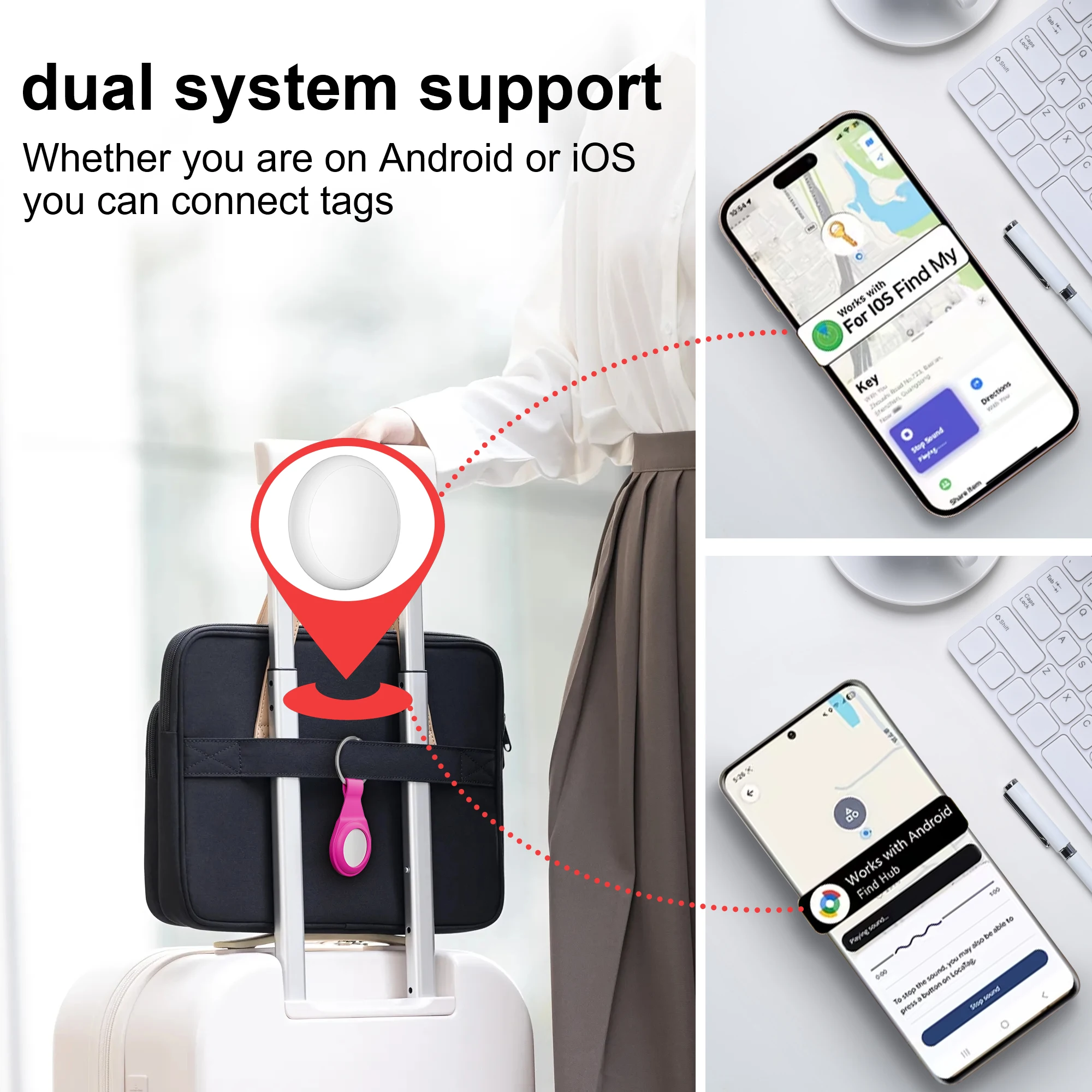 iOS와 안드로이드와 호환되는 새로운 듀얼 시스템 추적기, iOS의 '내 찾기' 또는 구글의 'FindHub'과 연동하도록 설계되었습니다.