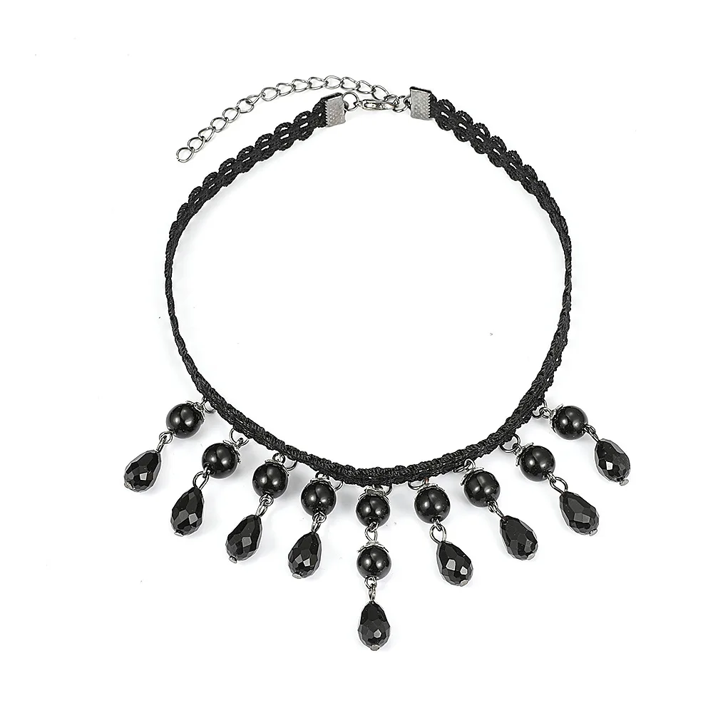 LACE CHOKER NEW but OLD STYLE Black Crystal Beads HALF PRICE SALE on WHITE 