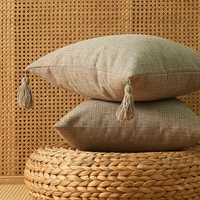 Housse de coussin/housses de coussin en lin massif, européenne avec glands, 18x18 pouces, décoration de maison carrée décorative pour canapé d'enfants 5