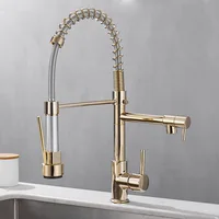 Black and Golden Brass Pulling Kitchen Sink Faucets Dual Outlet Water-Cold Hot Washing Basin Tap Deck Mounted Spring Mixer Taps 1