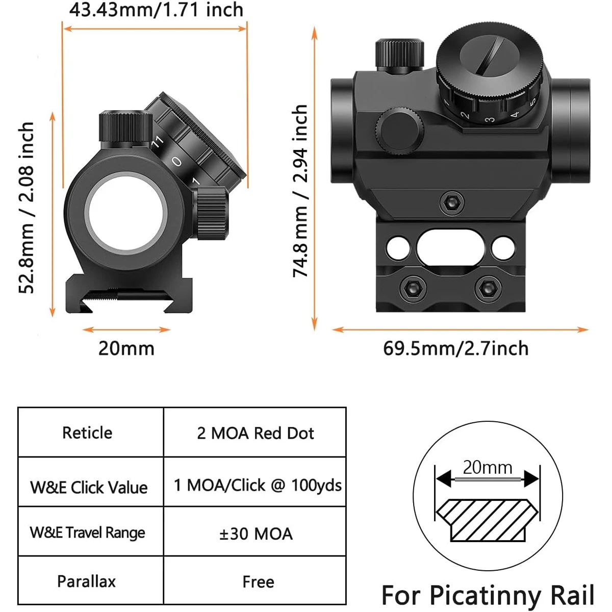 2MOA Red Dot Sight 1x25mm Reflex Sight Waterproof & Shockproof & Fog-Proof Red Dot Scope with 1 inch Riser Mount 6