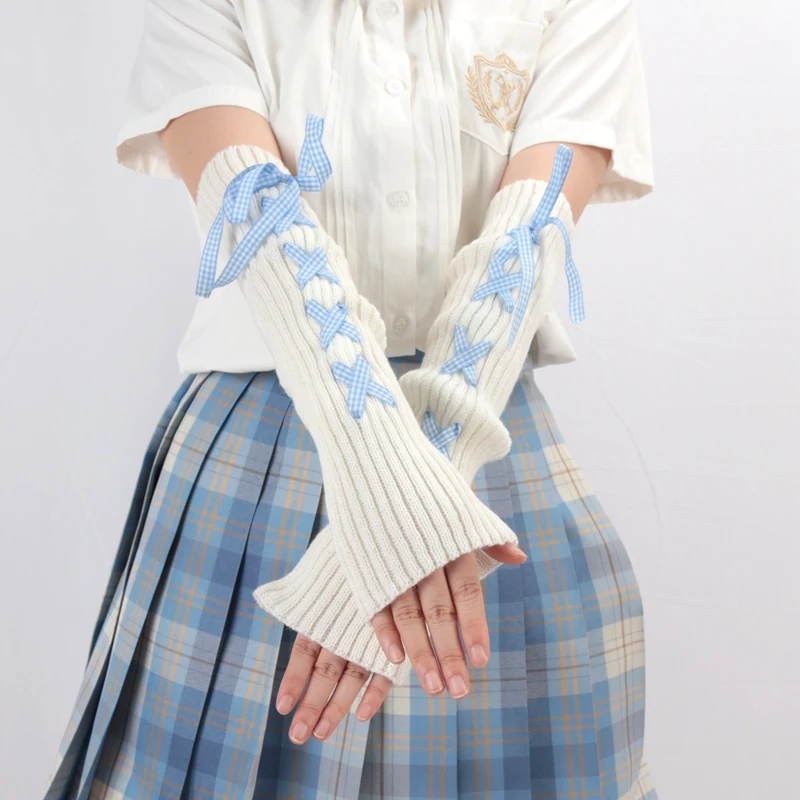 JK Girls Gloves Japanese Kawaii Lolita Fingerless Glove Elbow String Ribbon Ties Up Party Fingerless Gloves Harajuku Leg Warmers