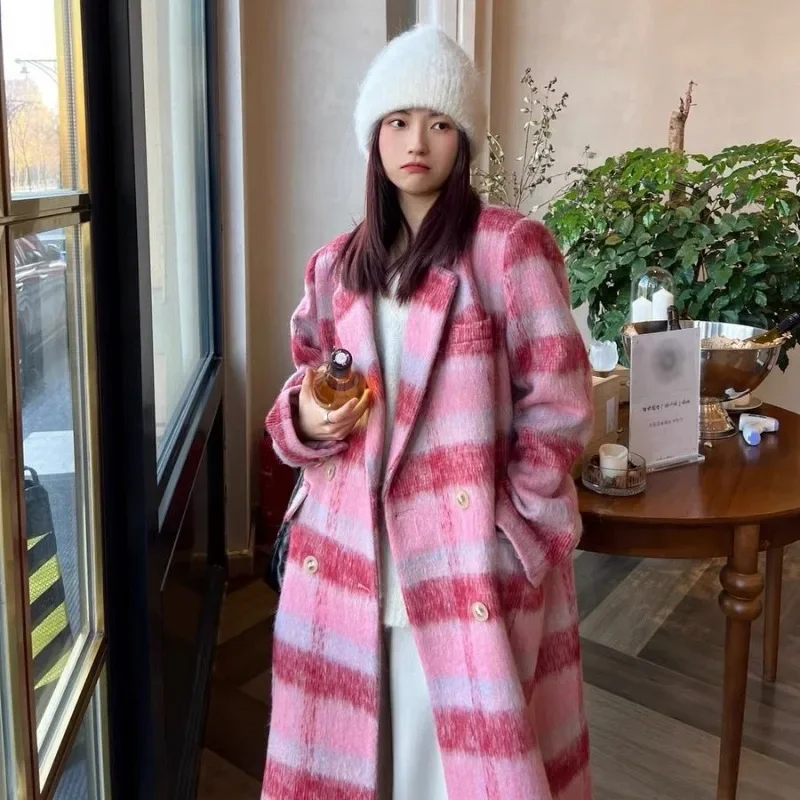Women Temperament Fashion Woolen Coat Winter New Female Korean Style Loose Thicken Long Plaid Outcoat High-Grade Casual Outwear