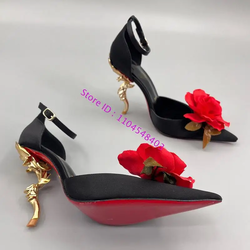 new arrive black red big flower high heel pointed dress shoes 4