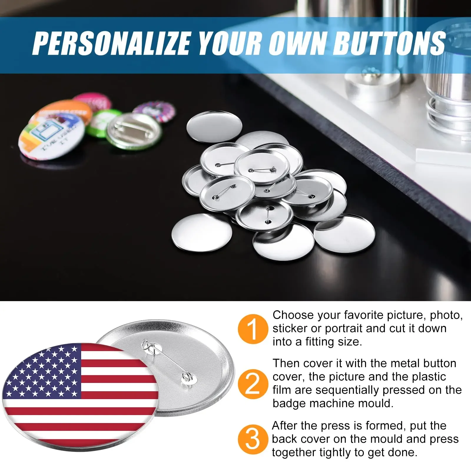 Metal Badge Pin Button Making Supplies 100Sets 25mm/32mm/37mm/44mm/50mm/56mm/58mm/75mm Round Badges for Button Maker Machine images - 6