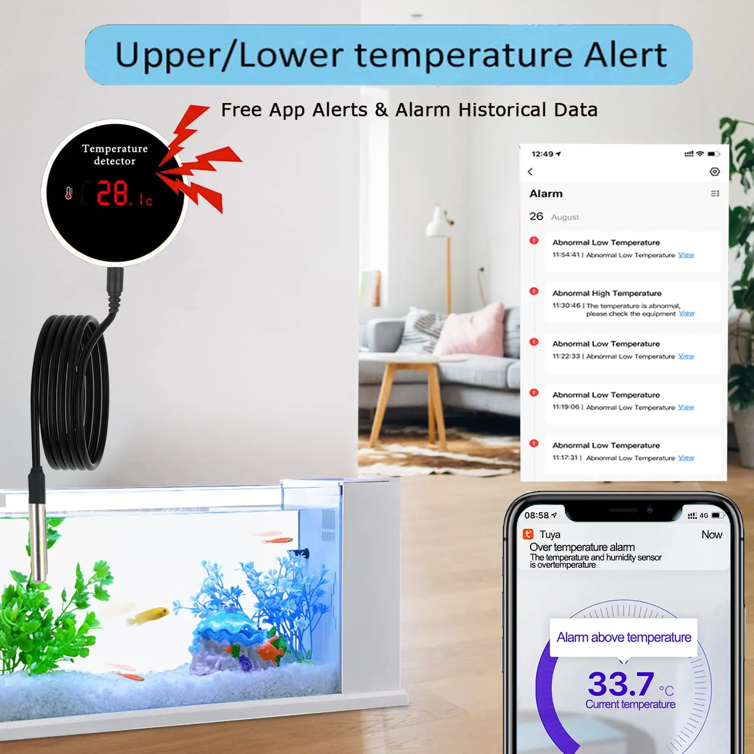 WiFi Temperature Sensor with Waterproof External Probe,Tuya Smart  Temperature Humidity Monitor with Backlight LCD Display,Remote Monitor for  Incubator