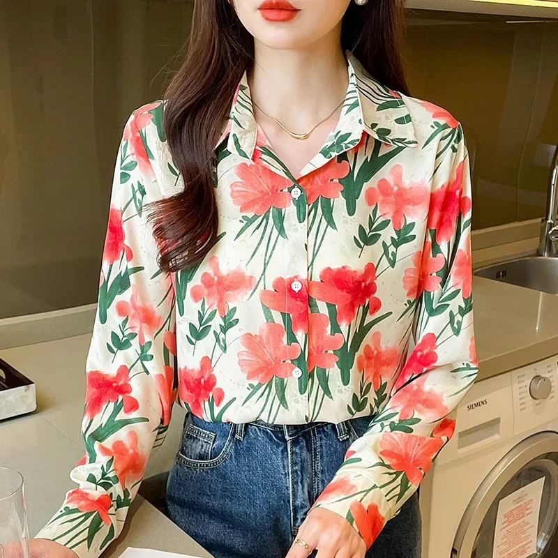

Шифоновая женская рубашка, летние винтажные блузки с принтом, трендовая одежда с воротником-поло, распродажа, свободные женские Топы с длинным рукавом и цветочным принтом, 2024
