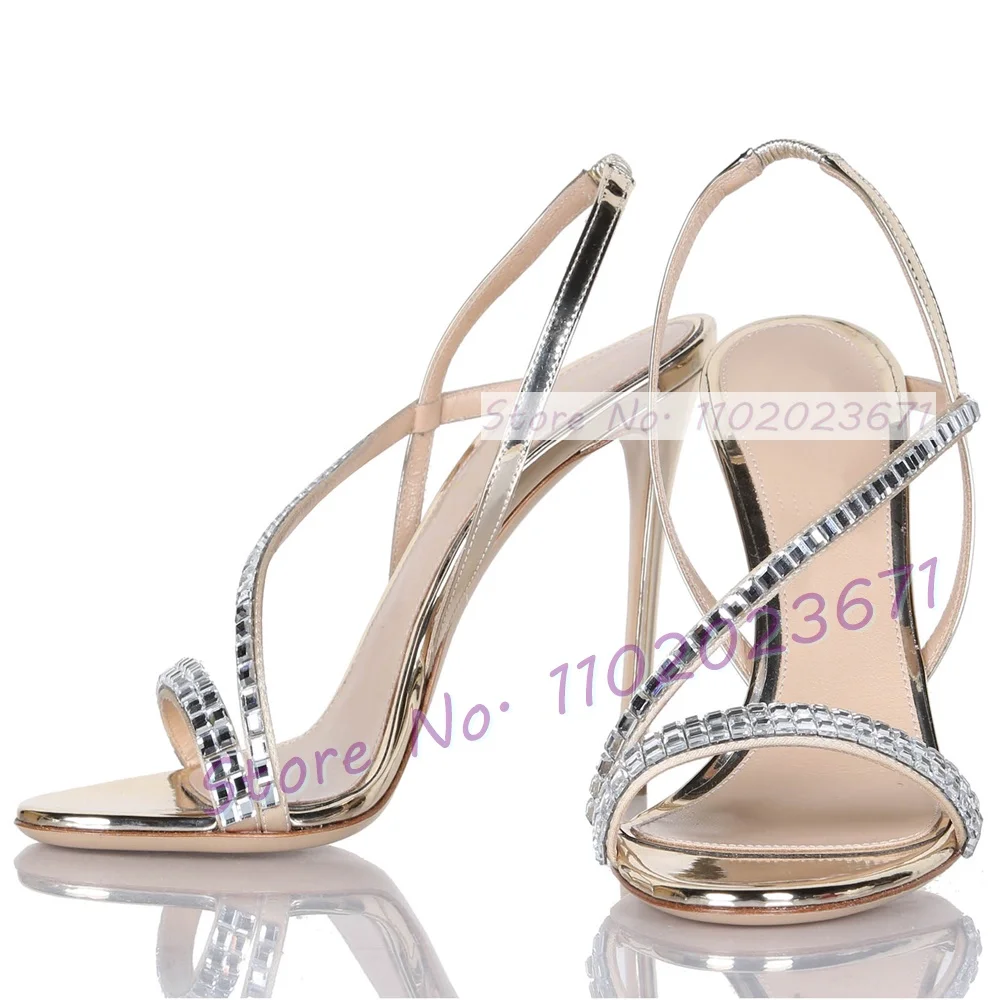 Female Sparkly Slingback Shoes Ladies Party High Heels Open Toe Dress Sandals Square Crystal Cross Straps Luxury