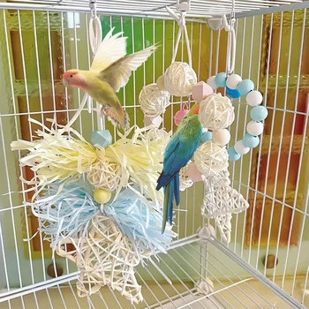 3Pcs Bird Parrot Shredder Toys Handmade Cockatiels Toys With Rattan 5-pointed Stars Hanging Swing Foraging Toy Birds Supplies