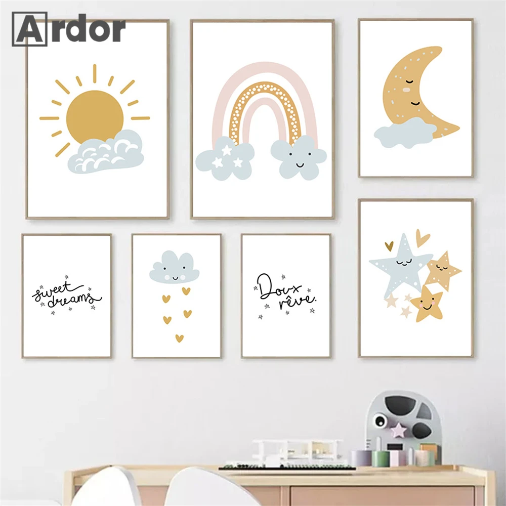 

Cartoon Sun Moon Wall Poster Rainbow Canvas Painting Quotes Art Prints Nursery Posters Nordic Wall Pictures Kids Room Decoration