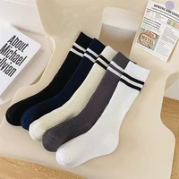 Autumn Warm Children Length Knee Socks Pure Cotton Black White Striped Boys Girls  College Style Sports Socks For 1-12 Years 2