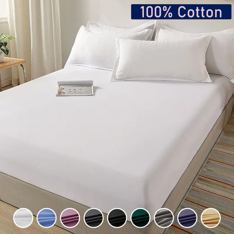 

100% Cotton Fitted Bed Sheet with Elastic Band Solid Color Mattress Cover for Single Double King Queen Bed 140/150/160/180x200