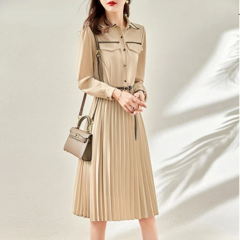 

Print Fold Khaki Chiffon A-line Dress Spring Summer Fashion Dress 2023 Korean Style Turn Down Collar Long Sleeve Elegant Dress