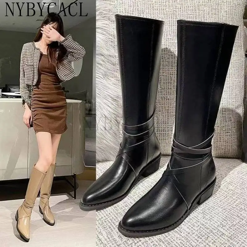 2023 Women Knee High Boots Cool Fashion Concise Genuine Leather Thick Heels Shoes Woman Autumn Winter Casual Long Boots New