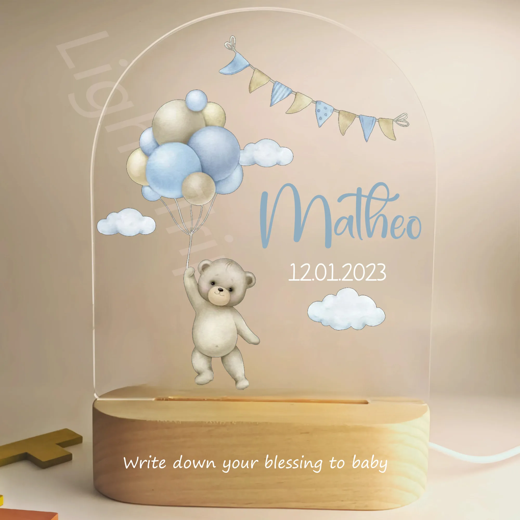 Customized Baby Birth Night Light Personalized Name Animal Bear Bunny Rabbit with USB Lamp for Bedroom Birthday Christmas Gift