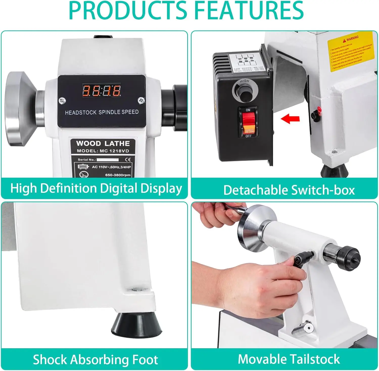 12x18 Benchtop Wood Lathe Machine with 3/4 HP Variable Speed 650-3800 RPM for Woodworking