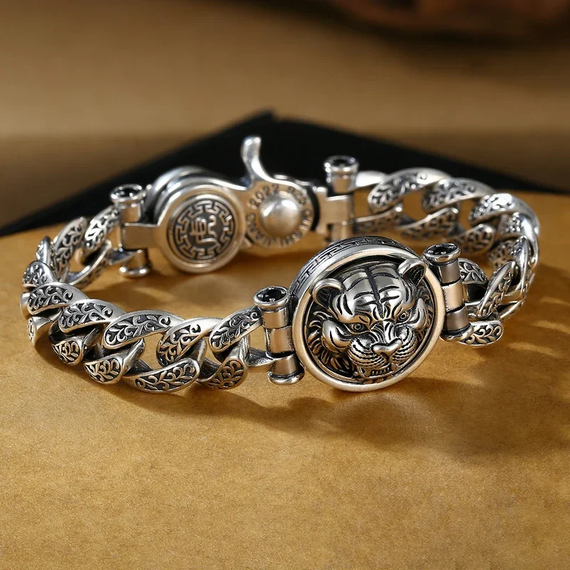 

Silver Color Retro Personality Tang Grass Turning Transfer Tiger Bracelet Male Trendy Men Tiger Zodiac Fashion Jewelry