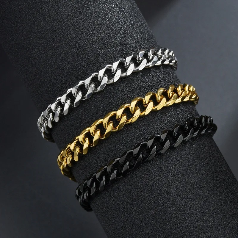 Black Stainless Steel Cuban Chain Link Bracelet for Men