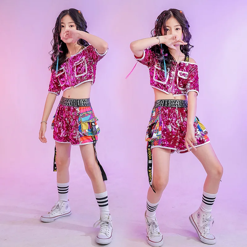 Girl Dance Costume Children Costumes Costumes For Kids Jazz Ballroom Dancing Clothes Wear Hip Hop Clothes For Girls Sequins Rose Shirt Tops Short Pants Carnaval