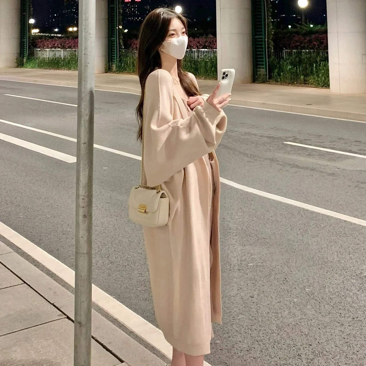 임산부 가을 세트 서양식 유행 가을 느슨한 게으른 니트 카디건 슬링 드레스 투피스 세트