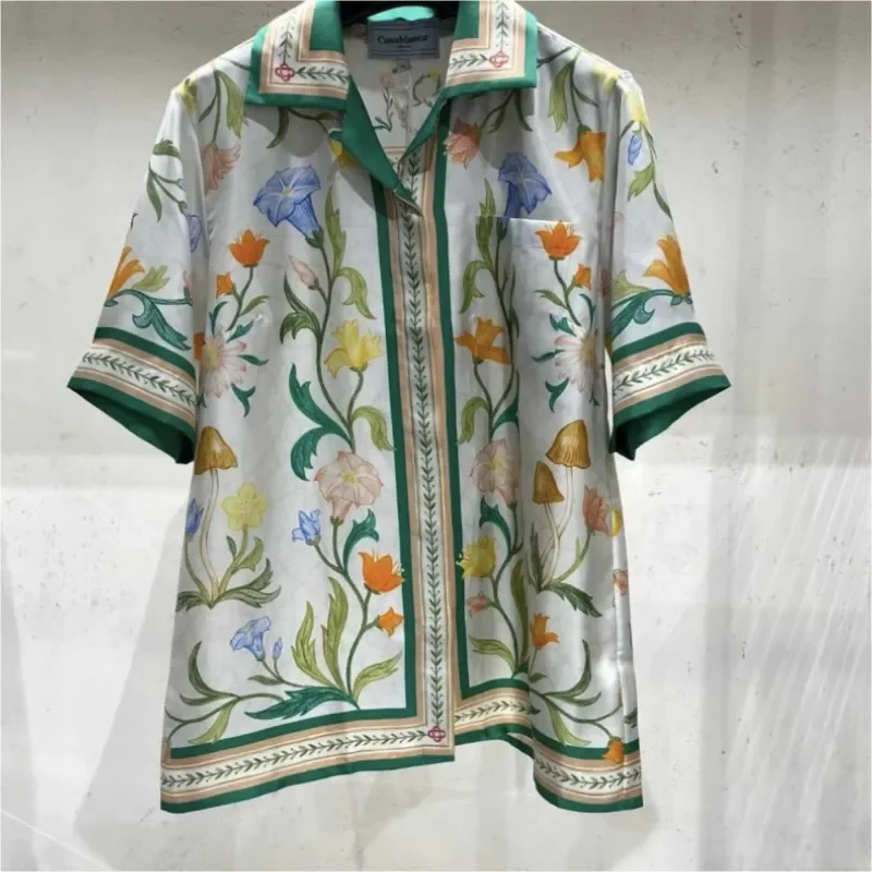 

Dropshipping Casablanca Shirts Flower Printed Short Sleeve Cardigan Loose Hawaiian Shirt for Men Women