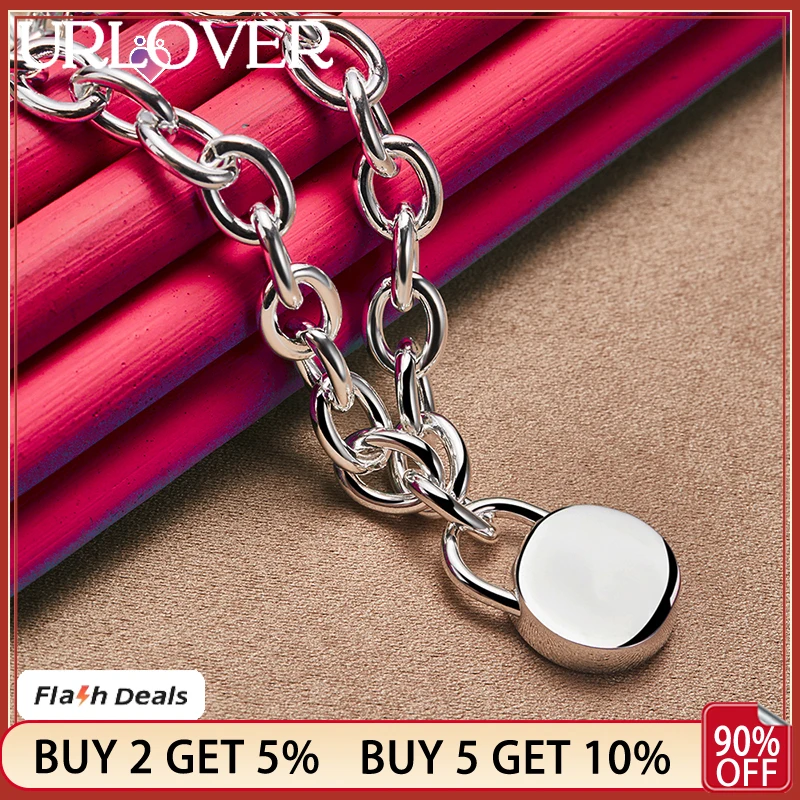 

URLOVER 925 Sterling Silver Round Lock Pendant Necklace For Women Chain Lovers Party Engagement Wedding Fashion Charm Jewelry