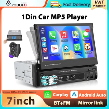 Radio para Auto Podofo con Pantalla Retráctil de 7'', Carplay, Android Auto, Reproductor Multimedia MP5, Bluetooth, FM, Mirror Link, SWC, Estéreo para Auto 1Din 1