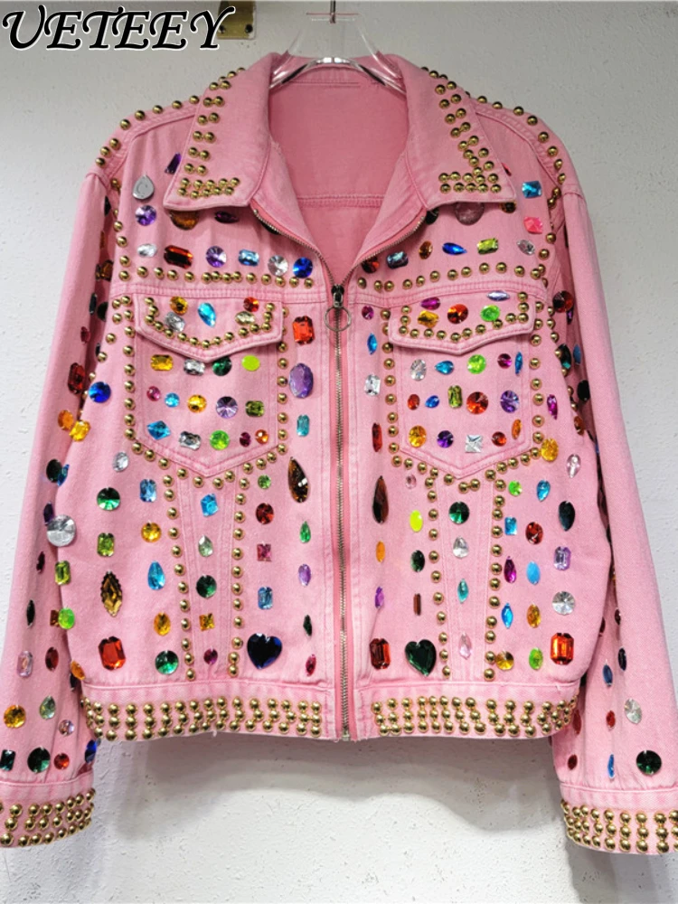 

European Goods 2023 New Design Sense Western Style Exquisite Rhinestone Pink Coat Women's Loose Zip Long Sleeve Denim Jacket