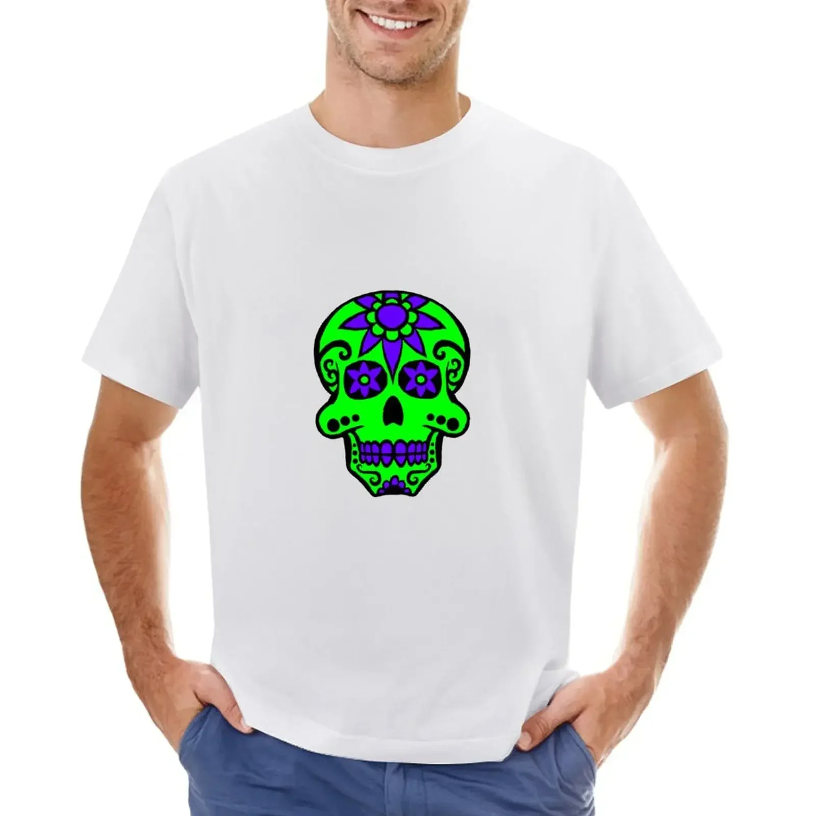 

Day of the Dead skull 2 green and purple T-shirt Short sleeve tee sweat cute clothes mens funny t shirts