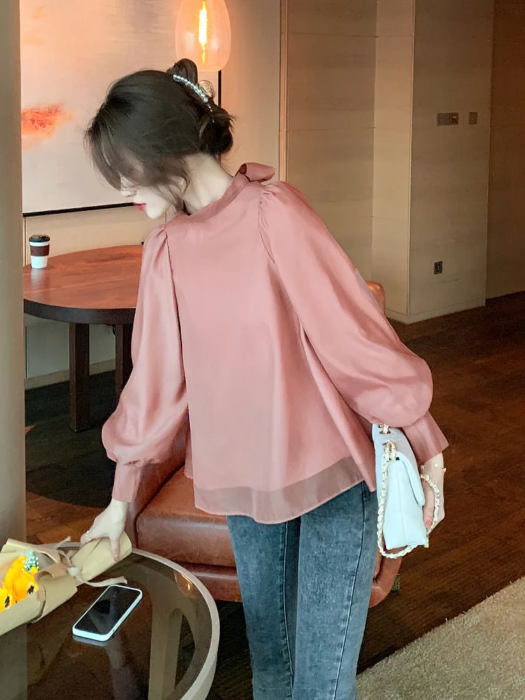 Women Elegant Puff Long Sleeve Chiffon Blouse with Bow ties Vintage Palace Luxury Lady Basic Shirt Female Top