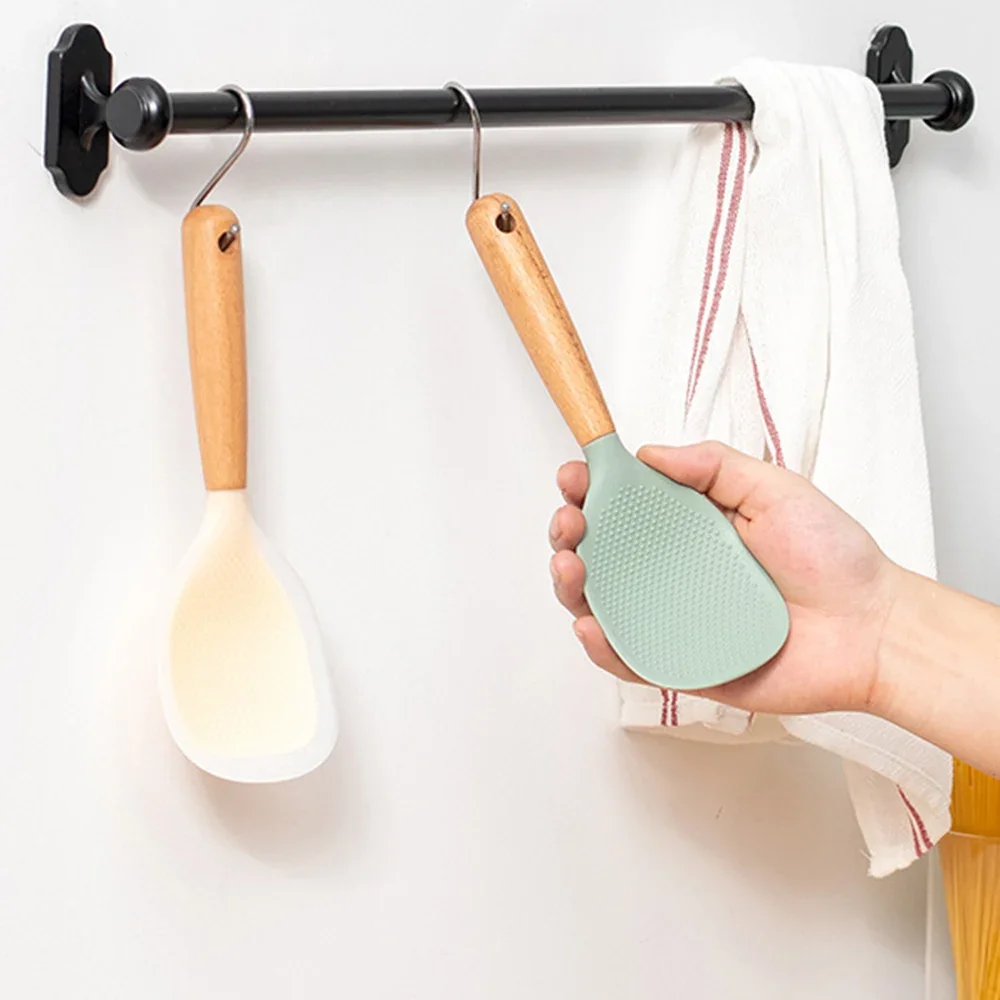 1Pcs Wooden Handle Silicone Rice Spoon Non-stick Electric Rice Cooker Food Grade Shovel Spoon Standable for Kitchen