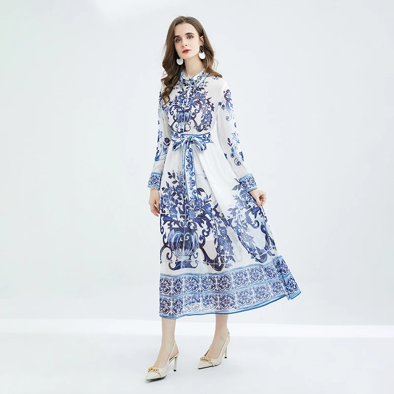 Banulin Summer Sliver Blue And White Porcelain Chiffon Dress Women Beading  Lapel Lantern Sleeve Bow Sashes Elegant Long Dress - AliExpress 200000345