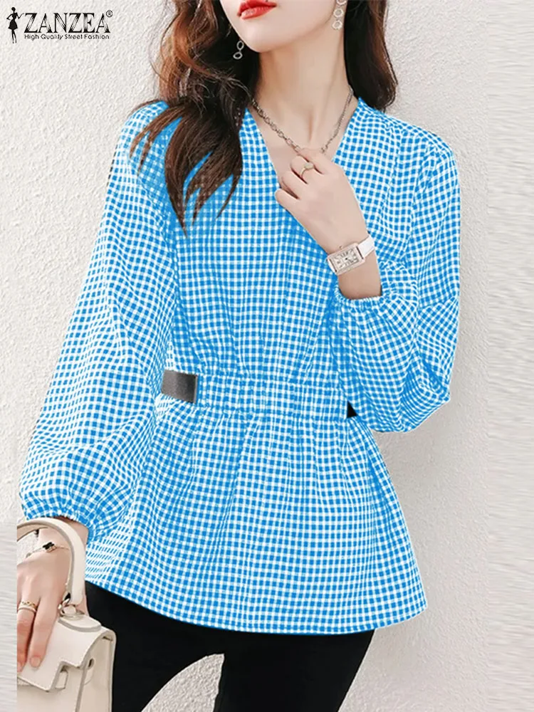 

ZANZEA 2024 Summer Spring Oversize Women Blouses Shirt Fashion V Neck Tops Plaid Blusas OL Work Tunic Long Sleeve Tee Streetwear