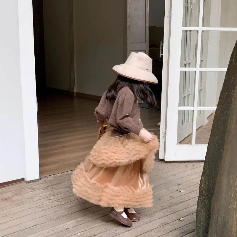 2026 새로운 봄 가을 어린이 소녀 갈색 니트 스웨터 귀여운 패턴 캐주얼 패션 따뜻한 풀오버 어린이 니트 탑 H5216