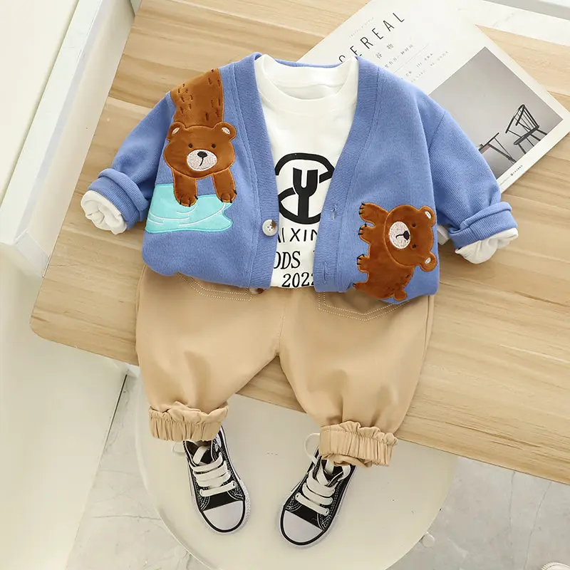 

New Spring Autumn Children Fashion Clothes Baby Boys Girls Bear Coat Jacket T Shirt Jeans 3Pcs/sets Kids Toddler Sportswear