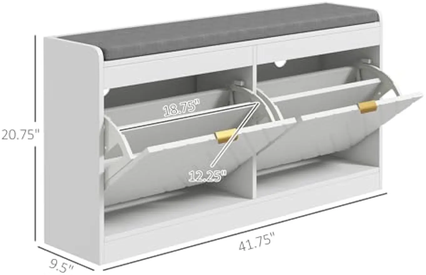 Shoe Bench, Entryway Bench with 2 Flip Drawers, Seating Cushion, and 2 Vents for 8 Pairs of Shoes for Hallway, White