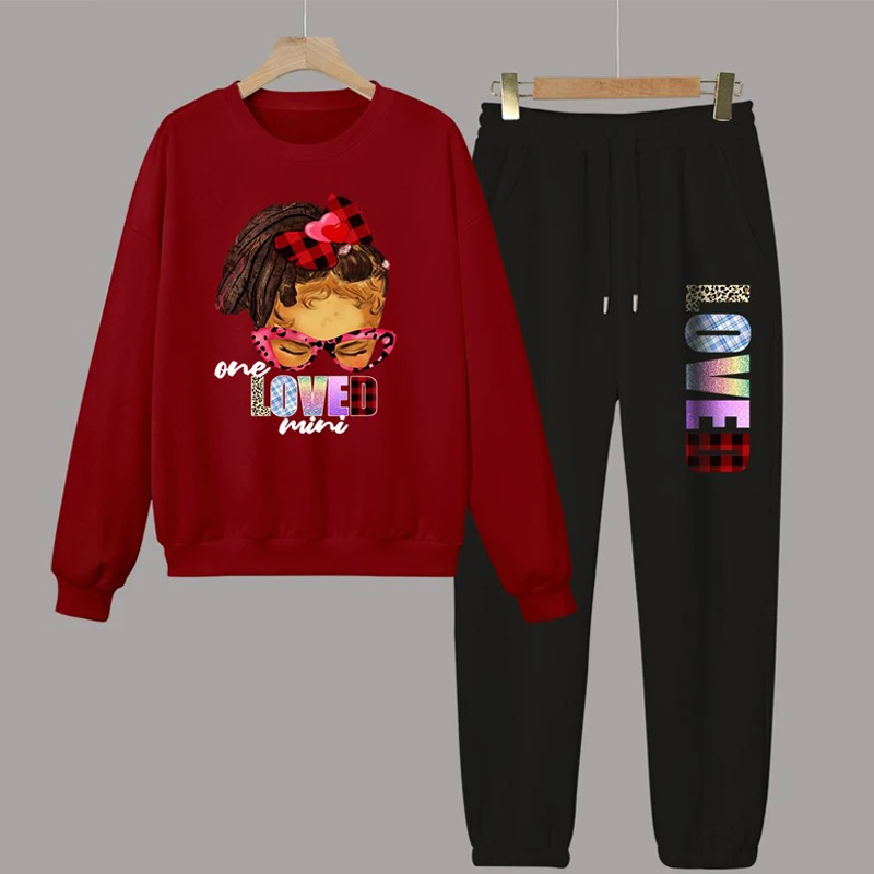 Trend little girl English letters street hip hop print casual loose comfortable women's crewneck hoodie pants two-piece set
