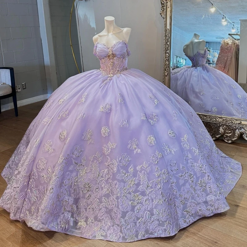 

Lilac Princess Quinceanera Dresses 2024 Off Shoulder Applique Lace Beads Tull Gillter Lace-up Corset Vestidos 15 años rosa