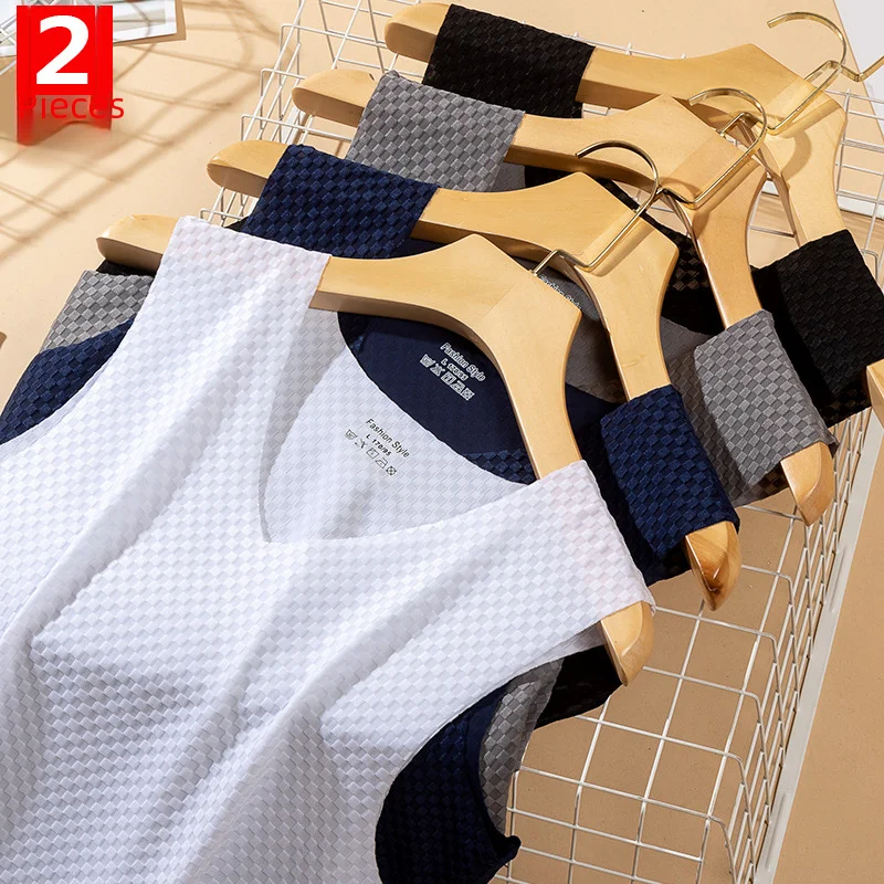 2-piece Set Ice Silk Vest Men's Summer Outer Wear Seamless Thin Slimming Mesh Sports Shoulder Sleeveless T-shirt Trendy