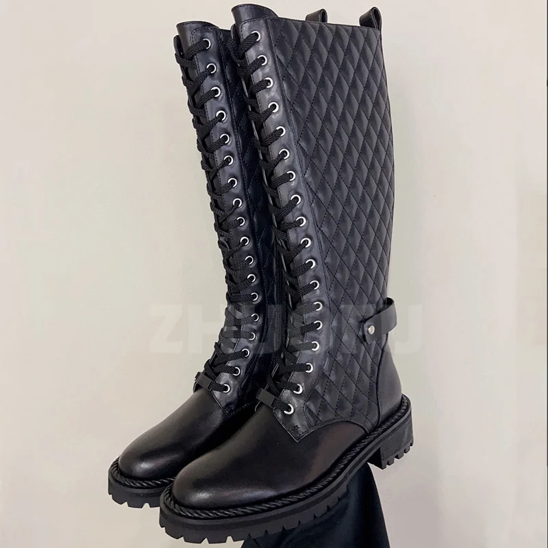 

Women Long Boots Spring Autumn Genuine Leather Upper Round Head Thick Bottom Long Boots Fashion Eye-Catching Female Shoes