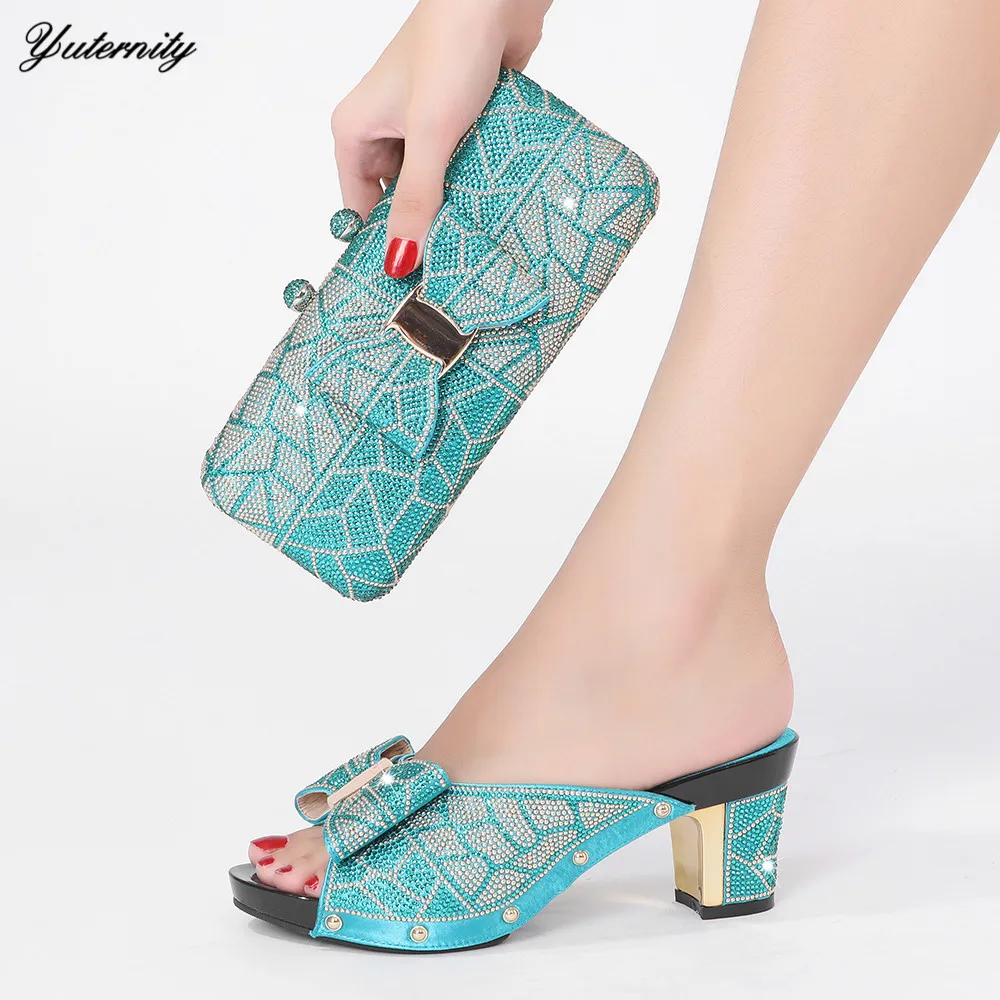 

Nigerian Pretty PU With Rhinestone Shoes And Purse Set For Wedding Newest Italian Slipper Pumps Shoes With Matching Bags Set